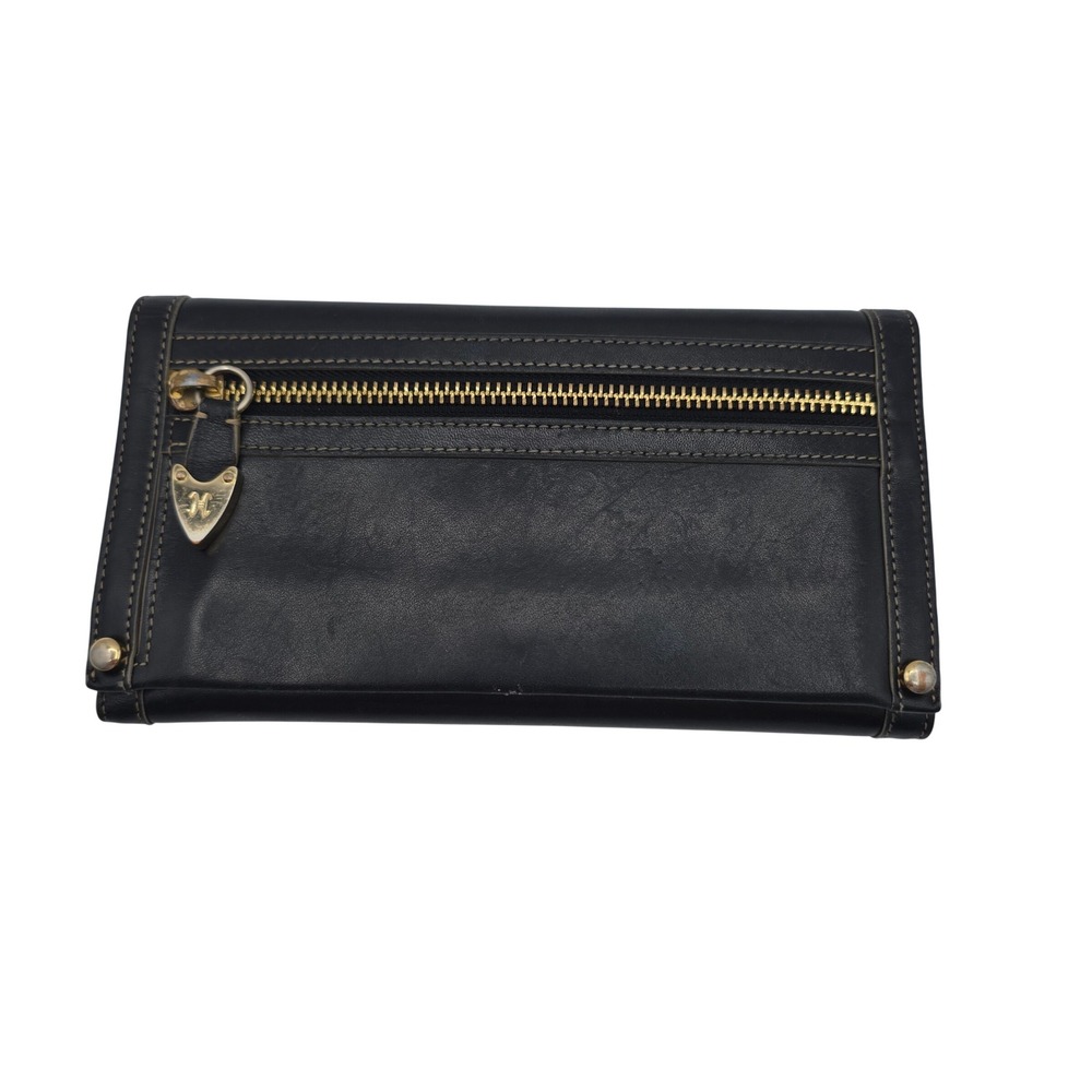 Cole Haan Checkbook Wallet Womens OS Black Leather Trifold Gold Hardware Vintage